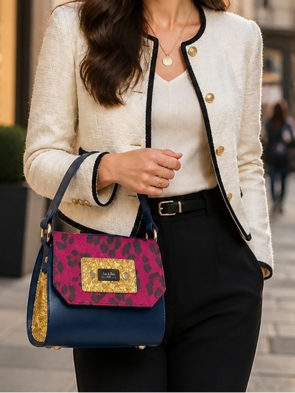 Lux & Roz Made in Italy Handbag. Hot pink leopard, Gold Glitter & Ocean Leather